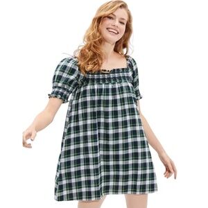 NWT American Eagle Outfitters Puff-Sleeve Plaid Smocked Babydoll Dress Tall